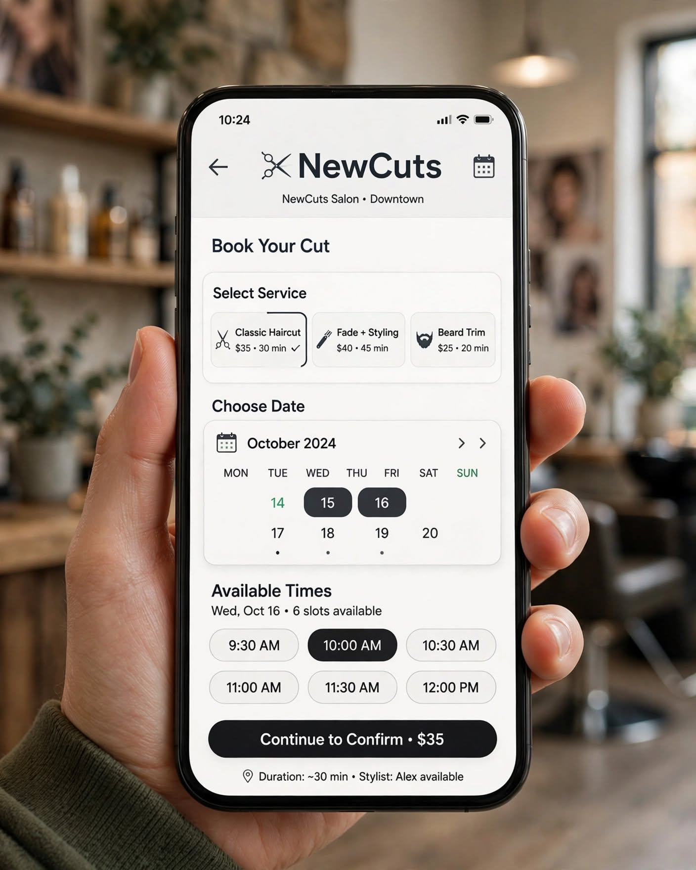 NewCuts salon booking app on a phone