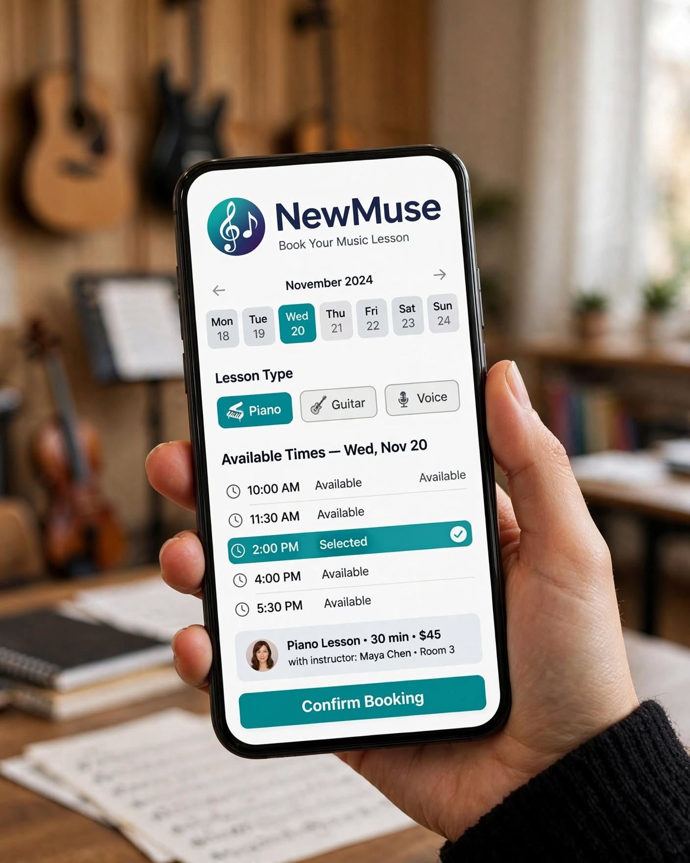 NewMuse music lesson booking app on a phone