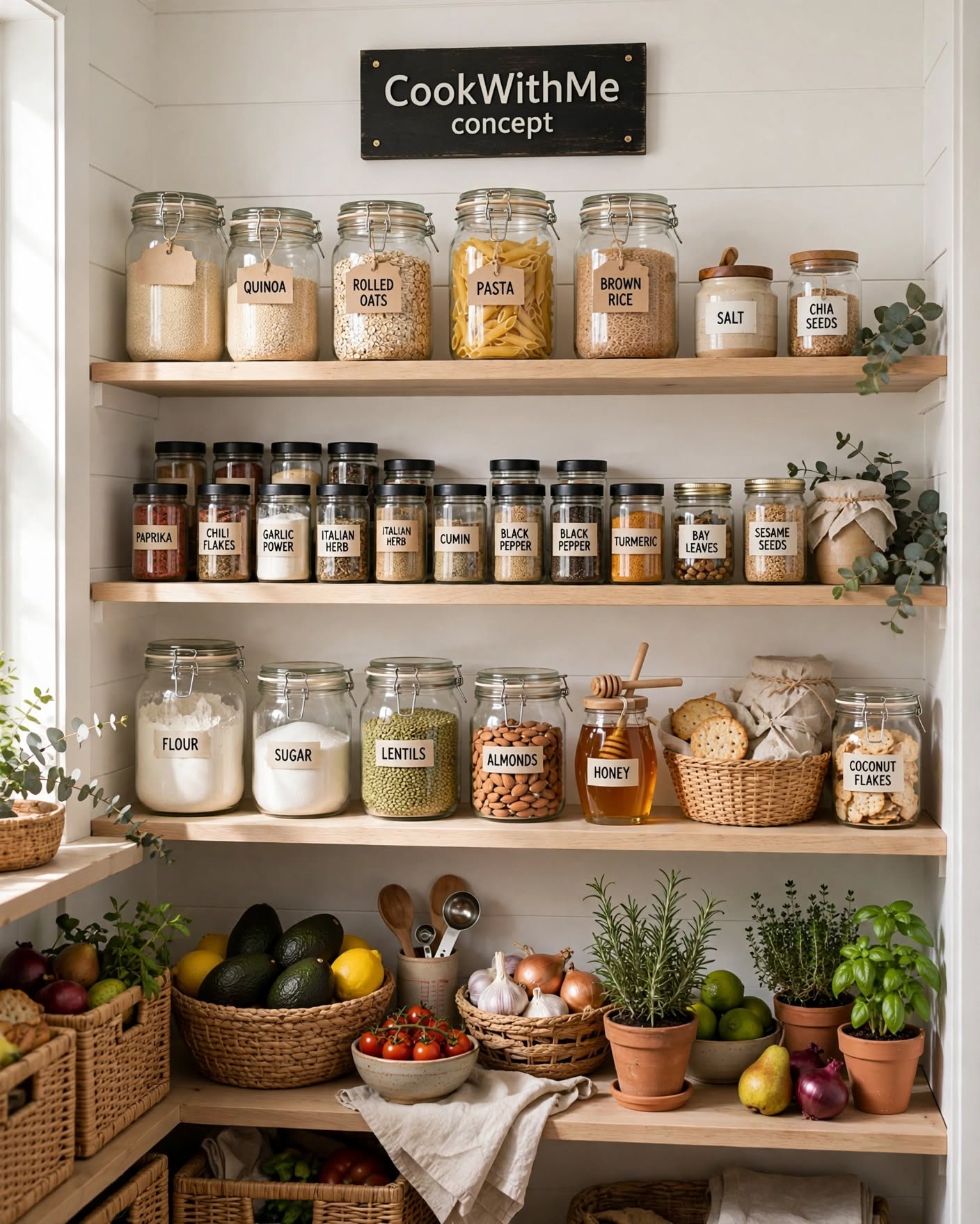 CookWithMe pantry shelves with labelled jars