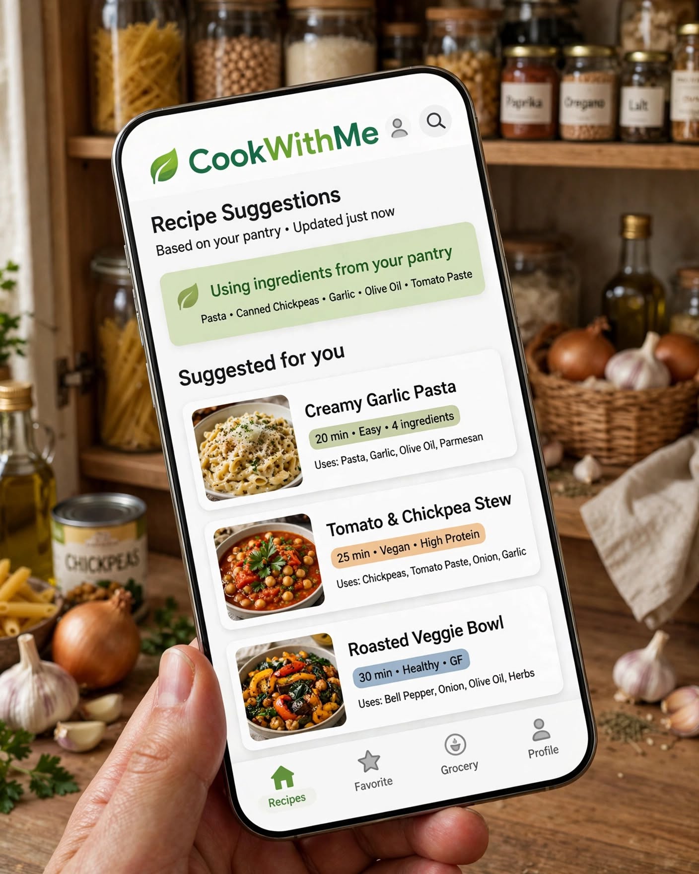 CookWithMe recipe suggestion app on a phone
